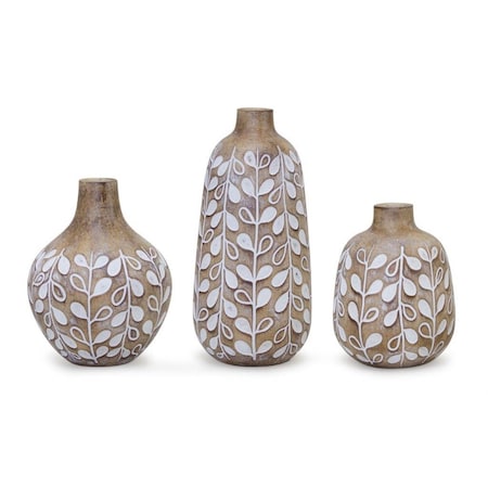 Homeroots Set of three 9" Polyresin Brown and White Leaf Round Table Vase, 3PK 516229