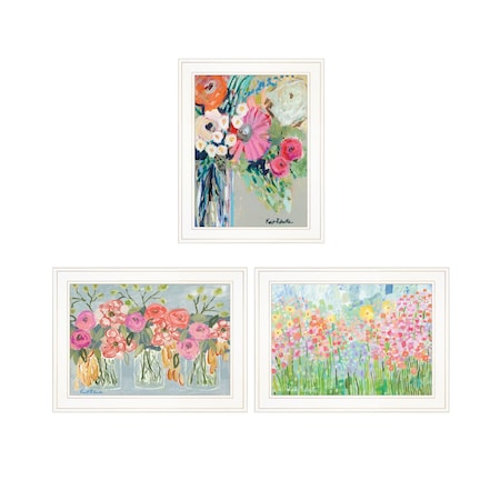 Set Of Three Garden Flowers White Grooved Frame Print Wall Art, 3PK
