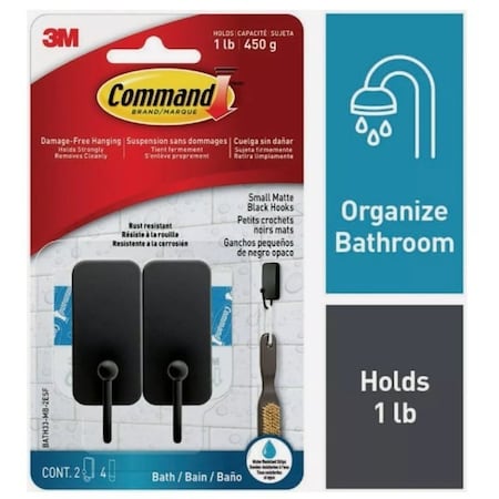 Command Small Bath Hook, 1 lb, 2-Hook, Metal, Matte Black BATH33-MB-2ESF