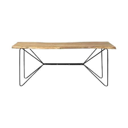 Homeroots 66" Natural and Black Solid Wood and Iron Abstract Base Console Table 380246