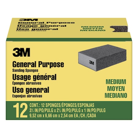3M General Purpose Sanding Sponge, Block, 3 3/4 in x 2 5/8 in x 1 in, Medium, 4PK CP002-12P