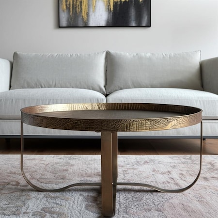 Homeroots 30" Brass Steel Faux Croc Cross Legs Round Tray Style Coffee Table 556708