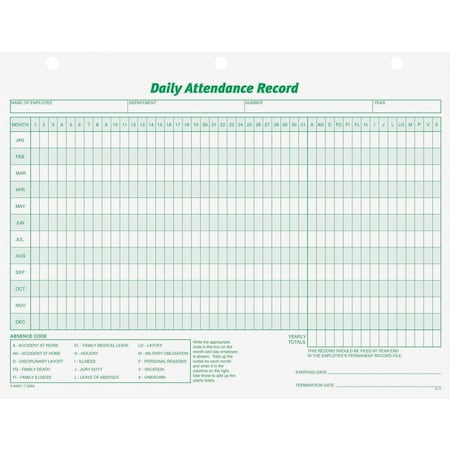 Tops Business Forms Tops Daily Attendance Record Forms, 11" x 8-1/2", White, 50 Sheets/Pack 3284