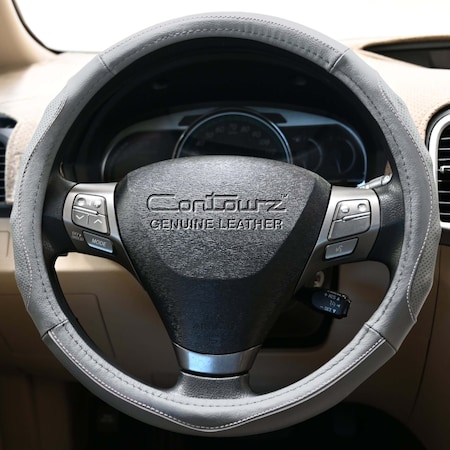Dash Designs Comfort Grips Contourz Pro Grip Leather 15.5in - 16.5in Steering Wheel Cover - Grey / White 3403GY