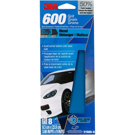 3M Blue Sandpaper, 3 2/3 in X 9 in, 600 G, 8 Sheet/Pack, 20PK 31580-8
