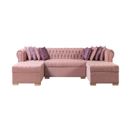 Homeroots Pink Velvet U Shaped Three Piece Sofa and Chaise Sectional With Toss Pillows 643893