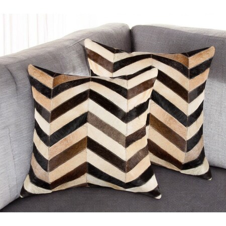 Homeroots Set of Two 18" Black Brown and Beige Chevron Cowhide Throw Pillows, 2PK 544590