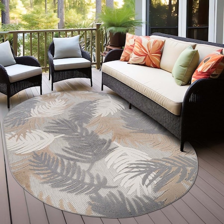 World Rug Gallery Vicenza Tropical Floral Indoor/Outdoor Area Rug 5 ft x 7 ft Oval Beige 8011BEIGE5OV