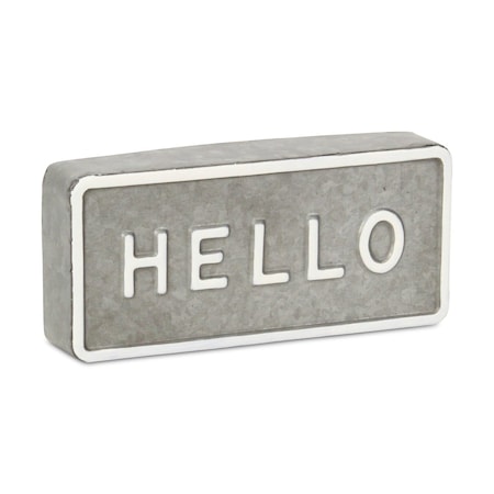 Homeroots 4" Gray And White Galvanized Metal Hello Hand Painted Tabletop Sign 635387