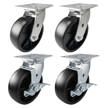 Hyw Products Heavy Duty Caster Set 6in Plastic Wheels, 2 Swivel & 2 Swivel with Brake, 4PK 40-60S-A1-HP-2,40-60S-A1-HP-TB-2