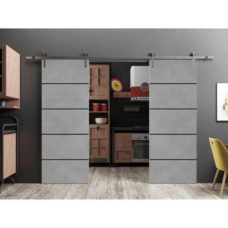 Sartodoors Sliding Double Barn Doors with Hardware, Planum 0015 Concrete and Aluminum Strips, Silver 13FT Rail PLANUM0015DB-S-BTN-36