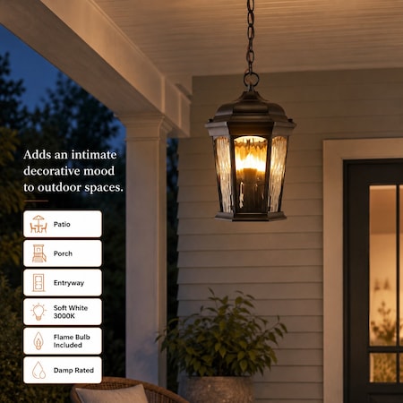 Euri Lighting Bronze LED Hanging Lantern with Flickering Flame, Dual Modes, Water Glass, Wall Switch EHL-130W-MD