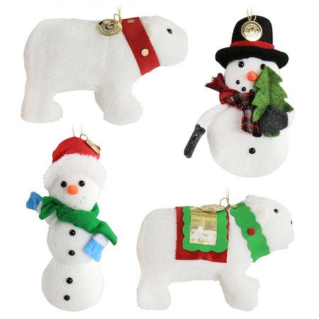 Martha Stewart Holiday Plush Polar Bear and Snowman 4 Piece Ornament Set in White 97158.04