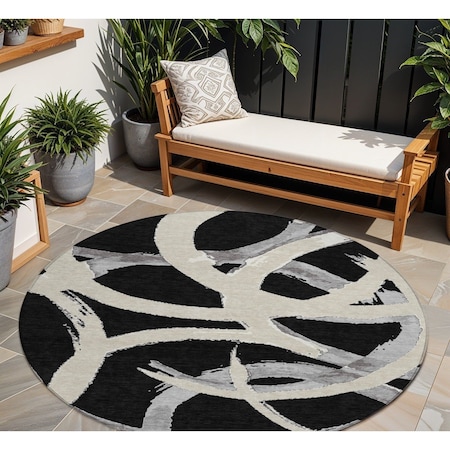 Homeroots 8' Black Ivory And Gray Round Abstract Washable Indoor Outdoor Area Rug 599108