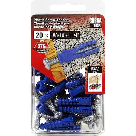 Cobra Anchors Screw Anchor, No 8-10 Thread, 1-1/4 in L, Polyethylene, 175 lb 193R