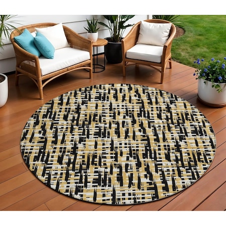 Homeroots 8' Black Gold And Ivory Round Abstract Washable Indoor Outdoor Area Rug 602547