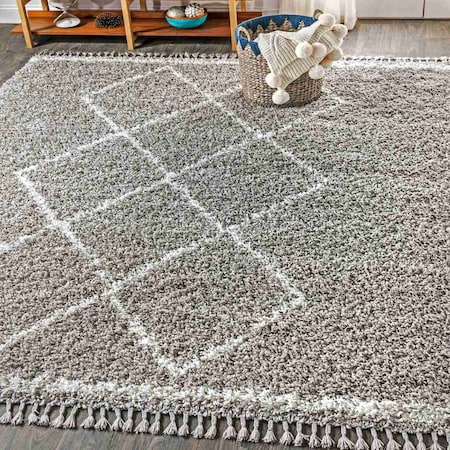 Jonathan Y Mercer Shag Plush Tassel Moroccan Tribal Geometric Trellis Gray/Cream 3 ft. x 5 ft. Area Rug MCR103C-3