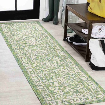 Jonathan Y Malta Bohemian Medallion Textured Weave Cream/Green 2 ft. x 10 ft. Indoor/Outdoor Runner Rug SMB104F-210