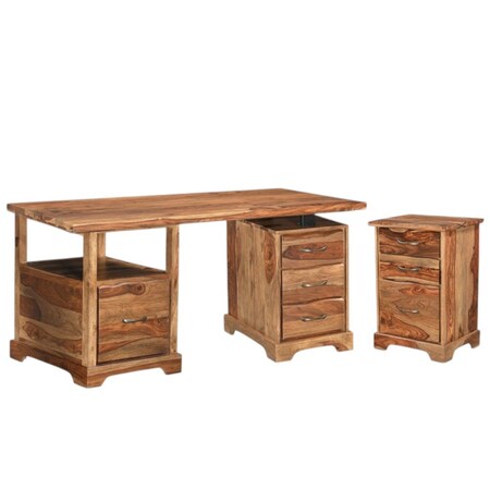 Homeroots 68" Brown Solid Wood Writing Desk and Bookshelf Set With Four Drawers 634357