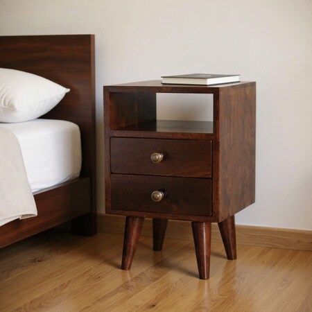 Homeroots 20" Walnut Solid Wood Square Two Drawer Nightstand 651544