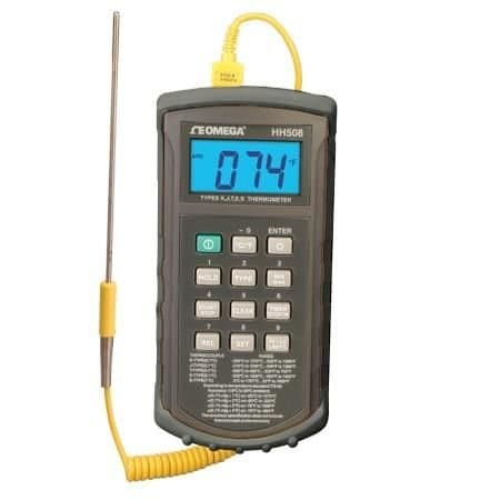 Omega Handheld Digital Thermometer, K, J, T, E & S-type, 9 V, Miniature Connector, 1-CH, (0.1 % rdg + 1 d HH508