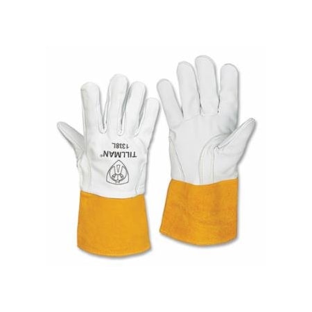Tillman TIG Welding Gloves, 1338, Goatskin Palm/BOH/Split Cowhide Cuff, Sm, Pearl/Bourbon Brn, 4 in L, 12PK 724-1338S