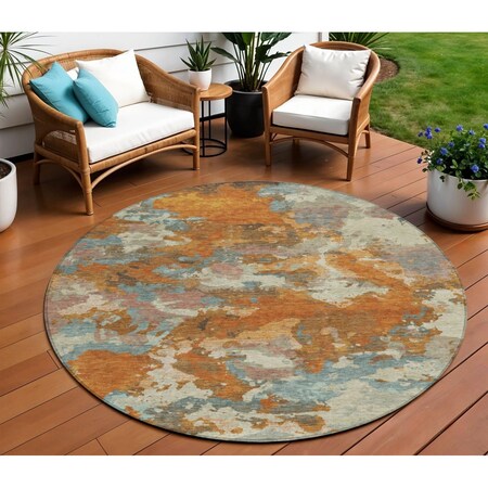 Homeroots 8' Copper And Orange Round Abstract Washable Indoor Outdoor Area Rug 609590