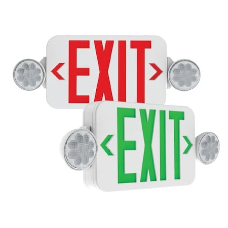 Exitronix QCRS Series LED Exit Sign Combo, Dual Emergency Heads, Red/Green, Thermoplastic QCRS-U-WH