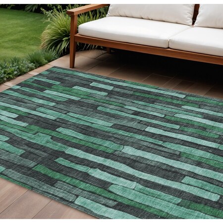 Homeroots 10' X 14' Sage Teal Blue And Emerald Striped Washable Indoor Outdoor Area Rug 608975