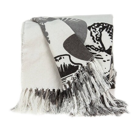 Homeroots 52" X 67" Ivory and Gray Woven Cotton Coastal Seashell Throw Blanket with Fringe 529160
