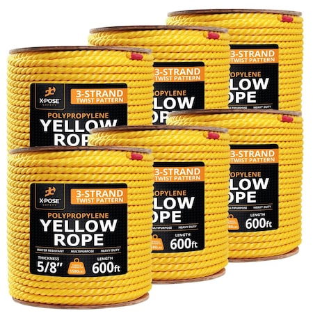 Xpose Safety 5/8in x 600 ft Twisted Polypropylene Rope, Yellow, 6PK YPR58-600-6-X