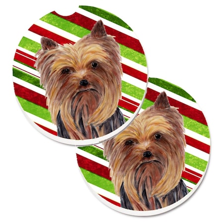Carolines Treasures Yorkie Candy Cane Holiday Christmas Set of 2 Cup Holder Car Coaster SC9325CARC