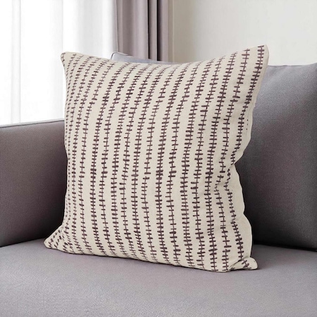 Homeroots 22" Beige And Merlot Striped Linen Throw Pillow Cover with Embroidery 608210
