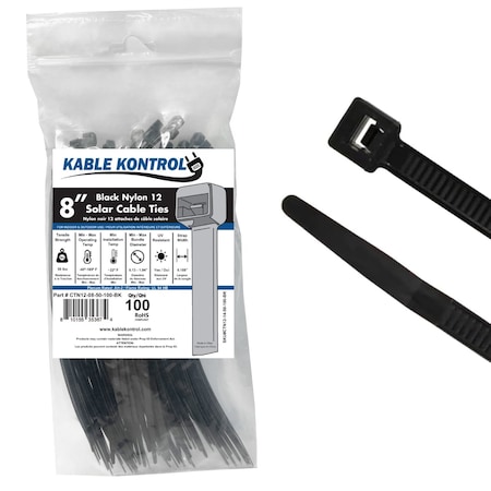 Kable Kontrol Nylon 12 Cable Zip Ties, 8 in L, 1.94 in Max Bundle Dia., Black, Nylon 12, 50 lbs Strength, 100 PK ctn12-08-50-100-bk