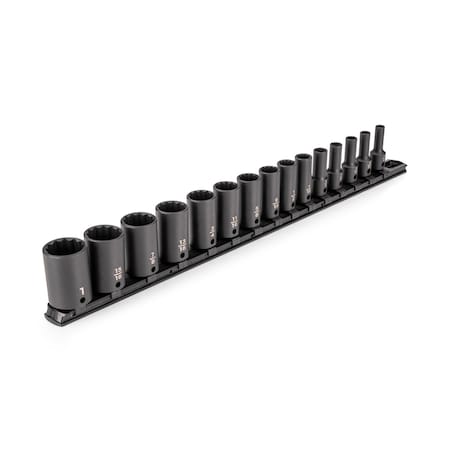 Tekton 3/8 Inch Drive Semi-Deep 12-Point Impact Socket Set with Rail, 15-Piece (1/4 - 1 in.) SID91120