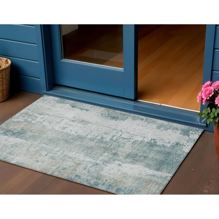 Homeroots 3' X 5' Turquoise And Ivory Abstract Washable Indoor Outdoor Area Rug 616202