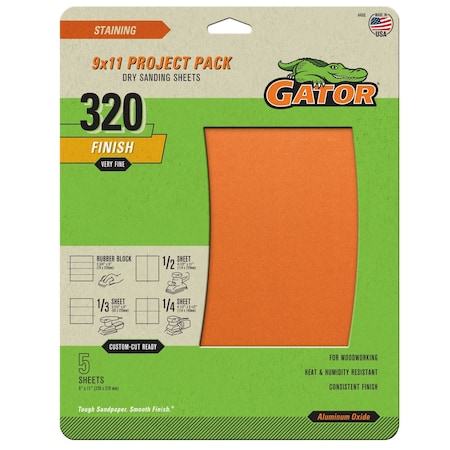 Gator Finishing 9 x 11 in. Garnet Dry Sanding Sheets, Grit 320, Very Fine, 5PK 4466