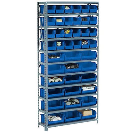 Global Industrial Steel Open Shelving with 16 Blue Plastic Stacking Bins 5 Shelves - 36x18x39 603247BL