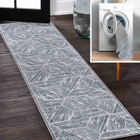 Jonathan Y Vector Modern Coastal Geometric Machine-Washable Blue/Cream 2 ft. x 8 ft. Runner Rug WSH313A-28