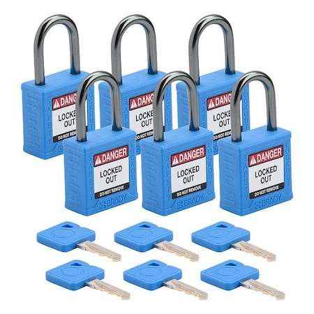 Brady Lockout Padlock, Keyed Alike, Nylon, Blue, 1 in Shackle Height, 1 3/16 in Body Width, 1 No. of Keys CPPL-BLU-25AL-KA6