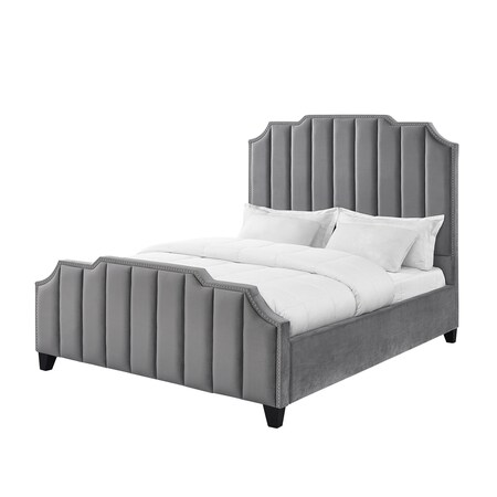 Homeroots Gray Solid Wood King Tufted Upholstered Velvet Bed with Nailhead Trim 544919