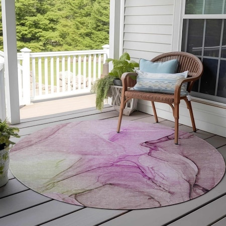 Homeroots 8' Round Pink Round Abstract Washable Non Skid Indoor Outdoor Area Rug 559402