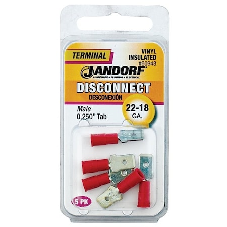 Jandorf Disconnect Terminal, 22 to 18 AWG Wire, Vinyl Insulation, Copper Contact, Red, 5PK 60948