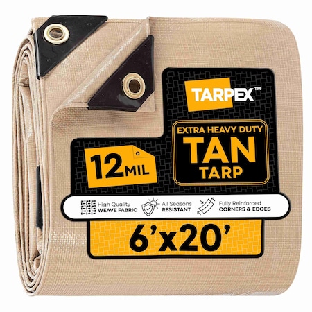 Tarpex Extra Heavy Duty Tarp, 6 ft x 20 ft, 12 Mil, Tan, Polyethylene THD-TA-620