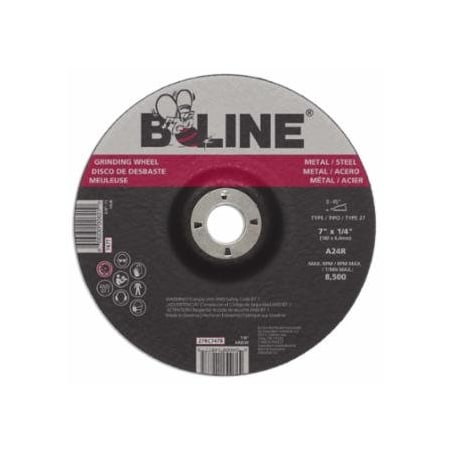 B-Line Abrasives Depressed Center Grinding Wheel, 7 in dia, 1/4 in Thick, 7/8 in Arbor, 24 Grit, 10PK 903-27RC7478