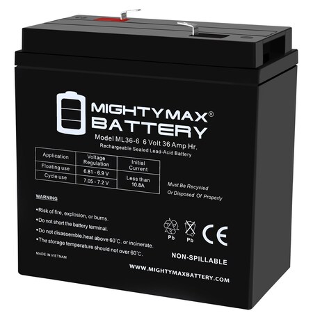 Mighty Max Battery ML36-6 - 6 Volt 36 AH, F2 Terminal, Rechargeable SLA AGM Battery MAX4140741