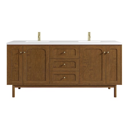 James Martin Vanities Laurent 72" Dbl Vanity, Honey Oak w/ Sgl Hole 3 CM White Zeus Silestone Top and Matching Backsplash 545-V72-HNO-1WZ