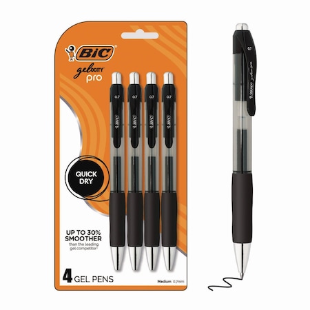 Bic Gel-ocity Pro Gel Pen, Retractable, Medium 0.7 mm, Black Ink, Translucent Black/Black Barrel, 4PK RPGLP4-BLK