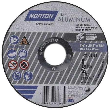 Norton Abrasives Cut-Off Wheel, Type 1, 6 in Dia, 0.045 in Thick, 7/8 in Arbor Hole Size, Aluminum Oxide, 36 Grit 66252849371