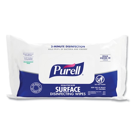 Purell Healthcare Surface Disinfecting Wipes, 1-Ply, 7in x 10in, Unscented, White, 72PK 9370-12